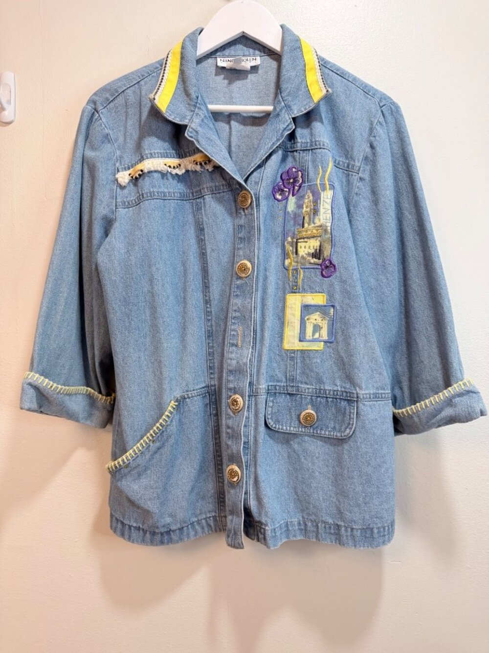 Vintage 90s Nancy Bolen USA Denim Jacket Art To Wear Firenze Italy Embellished M